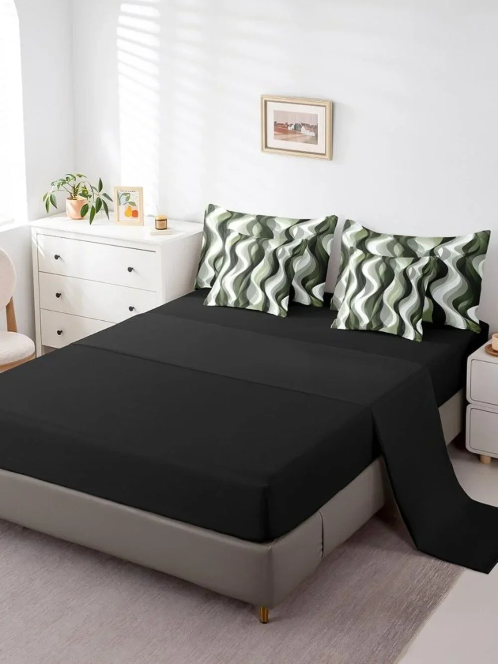 7Pcs Sage Green Queen Comforter Set,Boho Abstract Striped Bed in A Bag for Kids